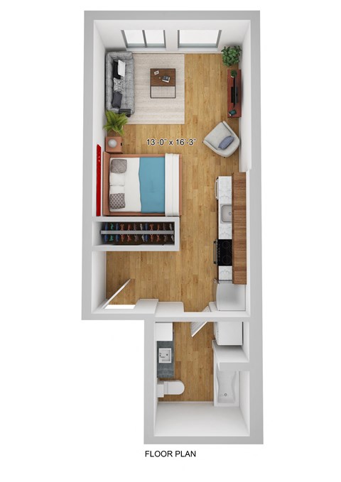 Floor plan for studio, 1 bath, 430 sqft
